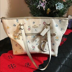 Coach Cream Tote with Multicolor Floral Design